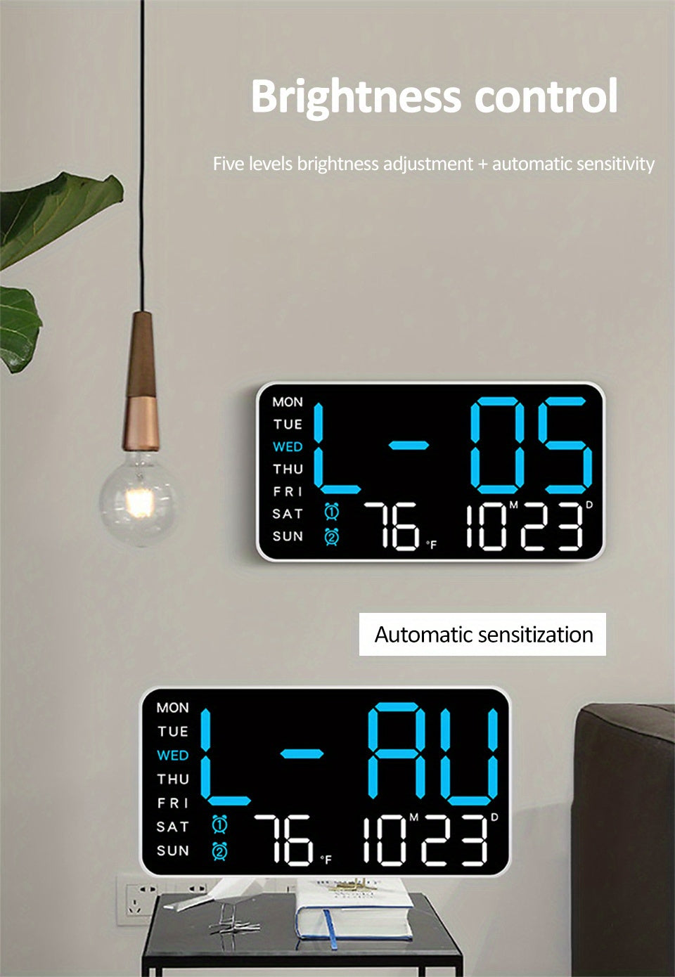 Reloj de pared digital con pantalla LED grande y control por voz