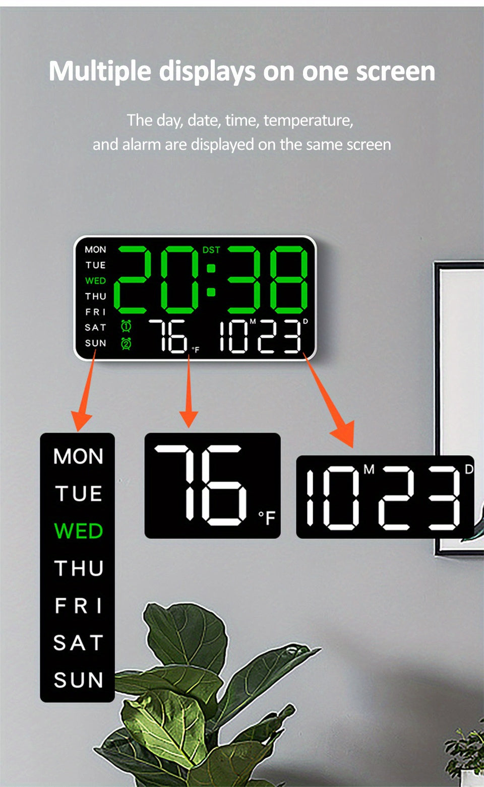 Reloj de pared digital con pantalla LED grande y control por voz